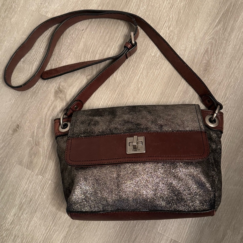 Born brown metallic leather turn lock crossbody bag purse
